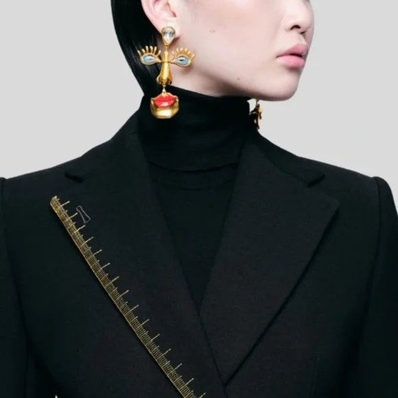 Vintage Surrealism Gold Blue Eyes Earrings - Picture 11 of 11